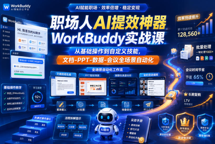 职场人AI提效神器WorkBuddy实战课，从基础操作到自定义技能，文档-PPT-数据-会议全场景自动化-鑫梵淘