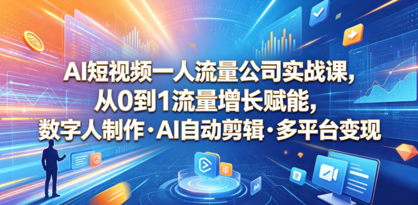 AI短视频一人流量公司实战课，从0到1流量增长赋能，数字人制作・AI自动剪辑・多平台变现，一人做流量生意全落地教程-鑫梵淘