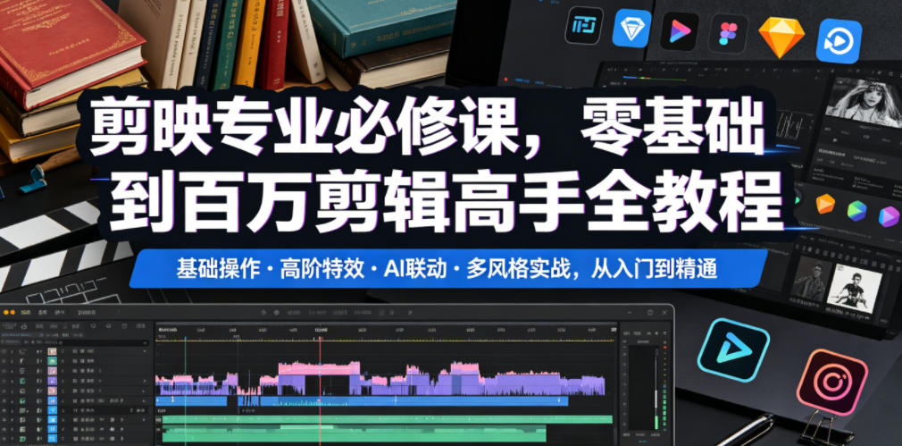 剪映专业必修课，零基础到百万剪辑高手全教程，基础操作・高阶特效・AI联动・多风格实战，从入门到精通-鑫梵淘