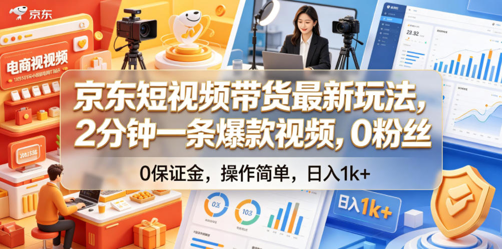 京东短视频带货最新玩法，2分钟一条爆款视频，0粉丝，0保证金，操作简单，日入1k+【揭秘】-鑫梵淘
