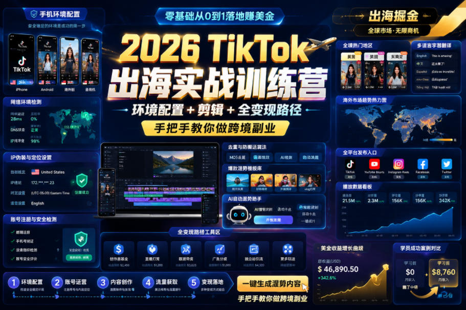 2026 TikTok出海实战训练营，环境配置 + 剪辑 + 全变现路径，手把手教你做跨境副业-鑫梵淘