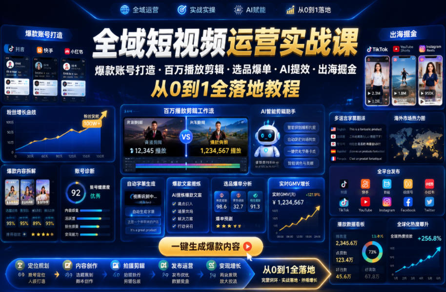 全域短视频运营实战课，爆款账号打造・百万播放剪辑・选品爆单・AI提效・出海掘金，从0到1全落地教程-鑫梵淘