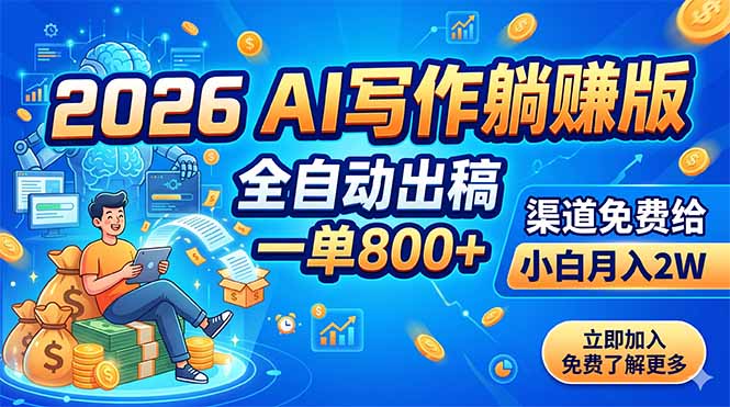 2026 AI写作躺赚版：全自动出稿，一单800+，渠道免费给，小白月入2W-鑫梵淘