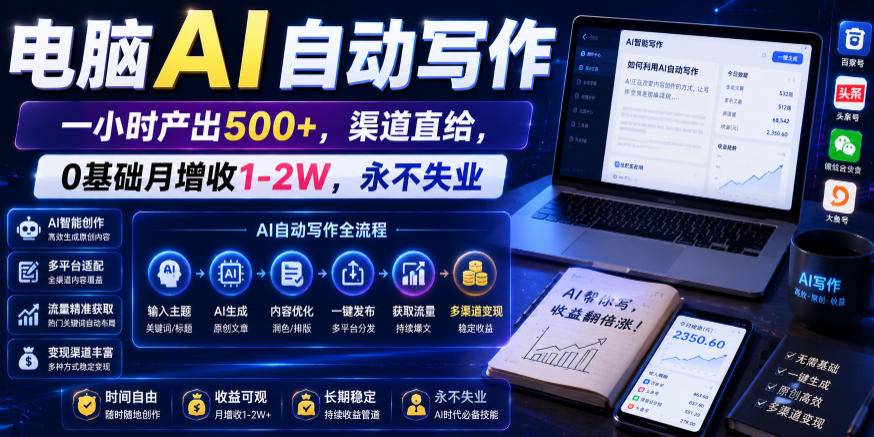 电脑AI自动写作，一小时产出500+，渠道直给，0基础月增收1-2W，永不失业【揭秘】-鑫梵淘