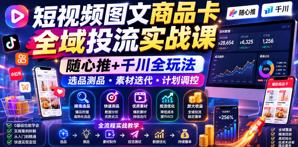 短视频图文商品卡全域投流实战课，随心推+千川全玩法，选品测品・素材迭代・计划调控，提升ROI爆单增收教程-鑫梵淘