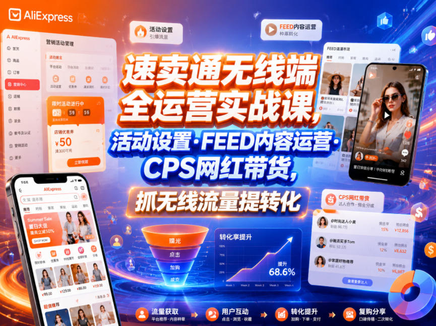速卖通无线端全运营实战课，活动设置・FEED内容运营・CPS网红带货，抓无线流量提转化-鑫梵淘