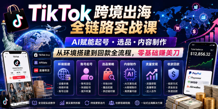 TikTok跨境出海全链路实战课，AI赋能起号・选品・内容制作，从环境搭建到回款全流程，零基础賺美刀-鑫梵淘