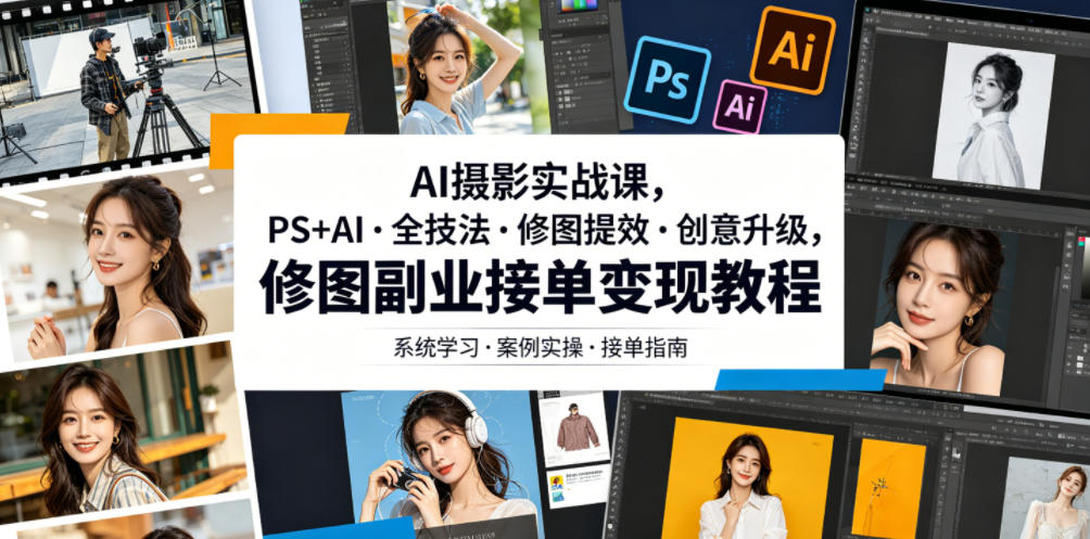 AI摄影实战课，PS+AI・全技法・修图提效・创意升级，修图副业接单变现教程-鑫梵淘