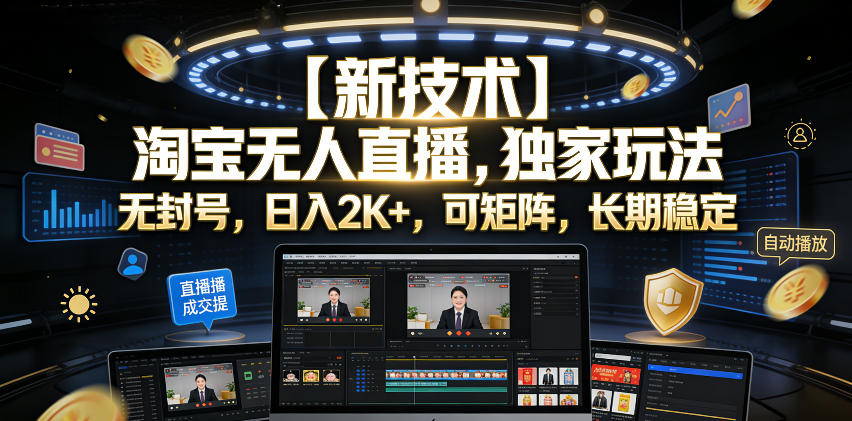 【新技术】淘宝无人直播，独家玩法，无封号，日入2K+，可矩阵，长期稳定【揭秘】-鑫梵淘