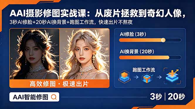 AI摄影修图实战课：从废片拯救 到 奇幻人像，3秒AI修脸+20秒AI换背景+跑图工作流，快速出片不熬夜-鑫梵淘