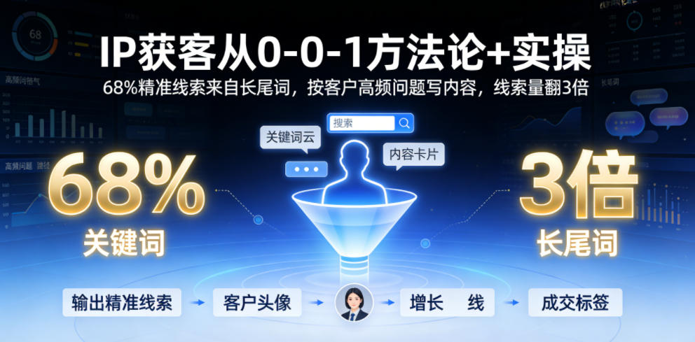IP获客从0-1方法论+实操，68%精准线索来自长尾词，按客户高频问题写内容，线索量翻3倍-鑫梵淘