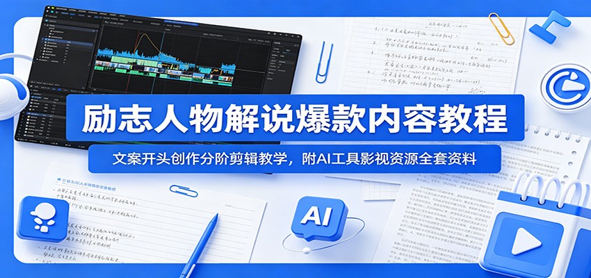励志人物解说爆款内容教程：文案开头创作分阶剪辑教学，附AI 工具影视资源全套资料-鑫梵淘