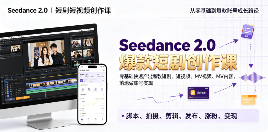 Seedance 2.0短剧短视频创作课，零基础快速产出爆款短剧、短视频、MV内容，落地做账号实现变现-鑫梵淘