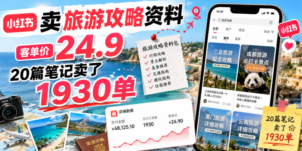 小红书卖旅游攻略资料，客单价24.9，20篇笔记卖了1930单！-鑫梵淘