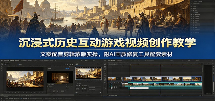 沉浸式历史互动游戏视频创作教学：文案配音剪辑蒙版实操，附AI画质修复工具配套素材-鑫梵淘