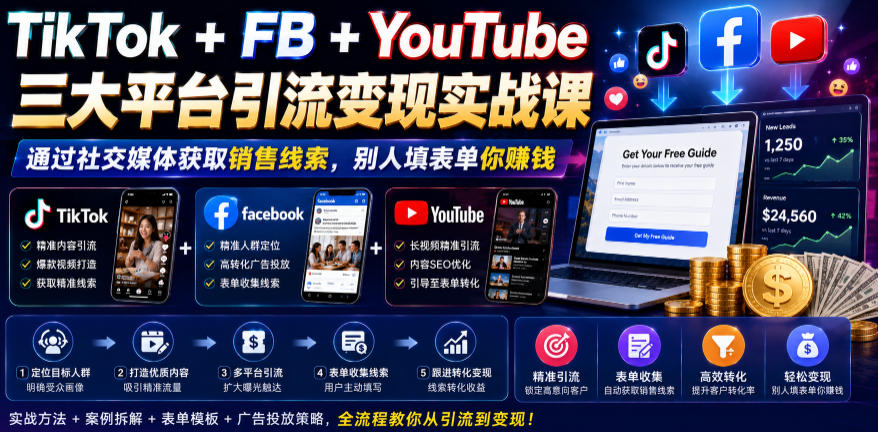 TikTok+FB+YouTube三大平台引流变现实战课，通过社交媒体获取销售线索，别人填表单你賺钱【原创双语字幕】-鑫梵淘
