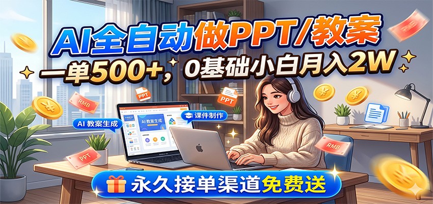 AI全自动做PPT/教案，一单500+，0基础小白月入2W，永久接单渠道免费送-鑫梵淘