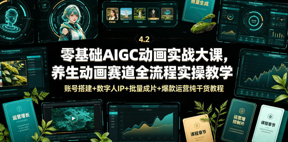 零基础AIGC动画实战大课，养生动画赛道全流程实操教学，账号搭建+数字人IP+批量成片+爆款运营纯干货教程-鑫梵淘