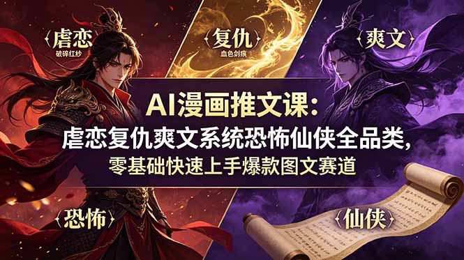 AI漫画推文课：虐恋复仇爽文系统恐怖仙侠全品类，零基础快速上手爆款图文赛道-鑫梵淘