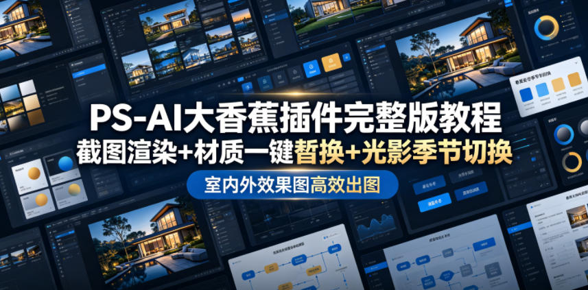 PS-AI大香蕉插件完整版教程，截图渲染+材质一键替换+光影季节切换，室内外效果图高效出图高阶课程-鑫梵淘