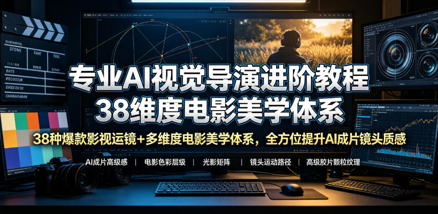 专业AI视觉导演进阶教程，38种爆款影视运镜+多维度电影美学体系，全方位提升AI成片高级感与镜头质感-鑫梵淘