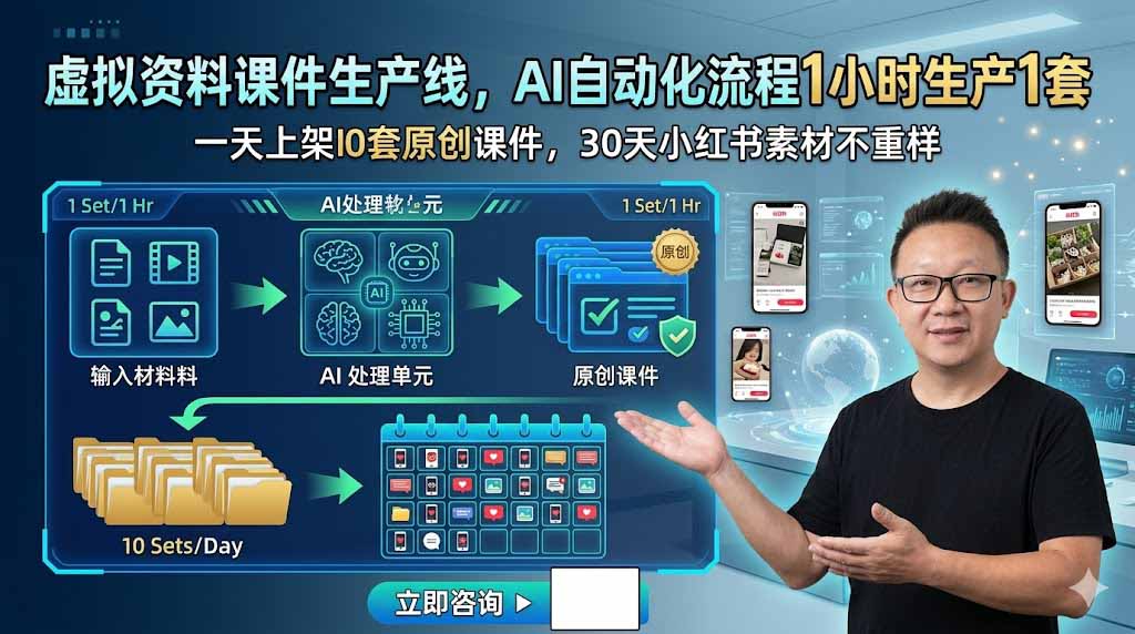 虚拟资料课件生产线，AI自动化流程1小时生产1套，一天上架10套原创课件，30天小红书素材不重样-鑫梵淘