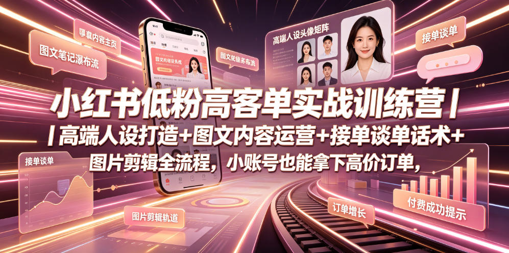 小红书低粉高客单实战训练营｜高端人设打造+图文内容运营+接单谈单话术+图片剪辑全流程，小账号也能拿下高价订单-鑫梵淘