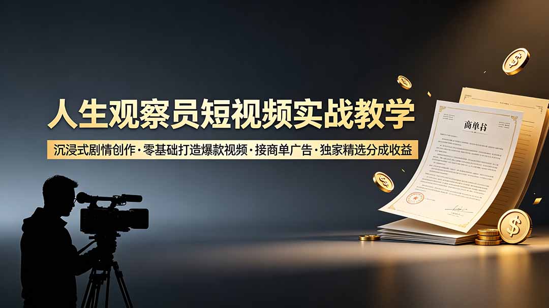 人生观察员短视频实战教学，沉浸式剧情创作，零基础打造爆款视频，接商单广告，独家精选分成收益-鑫梵淘