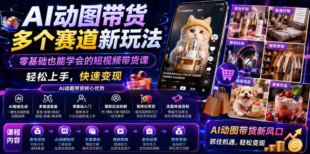 AI动图带货多个赛道新玩法，零基础也能学会的短视频带货课，轻松上手，快速变现-鑫梵淘