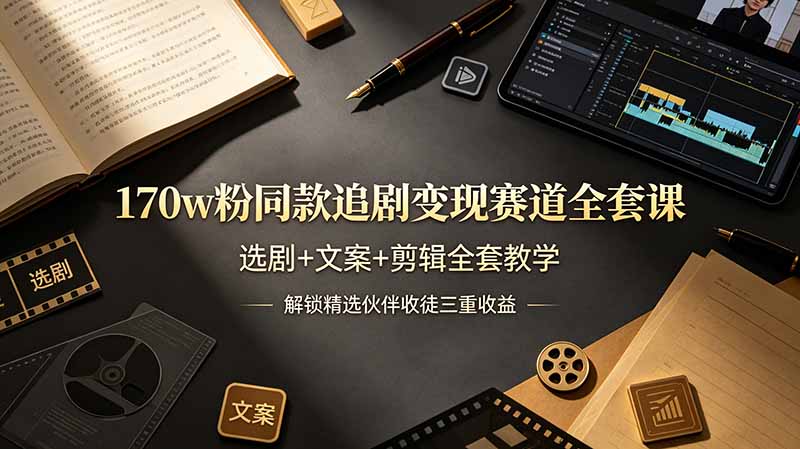 170w粉博主同款追剧变现赛道全套课，选剧+文案+剪辑全套教学，解锁精选伙伴收徒三重收益-鑫梵淘