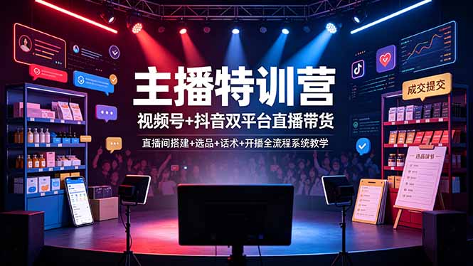主播特训营：视频号+抖音双平台直播带货，直播间搭建+选品+话术+开播全流程系统教学-鑫梵淘