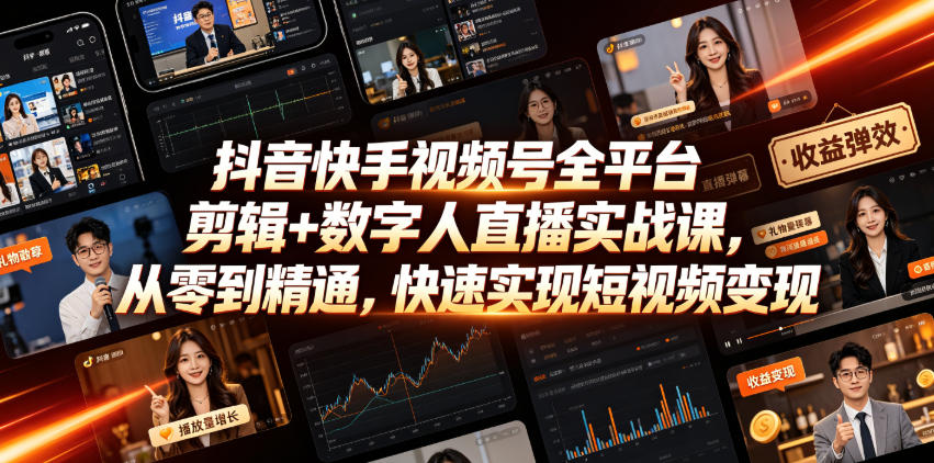 抖音快手视频号全平台剪辑+数字人直播实战课，从零到精通，快速实现短视频变现(更新2026年6月)​-鑫梵淘