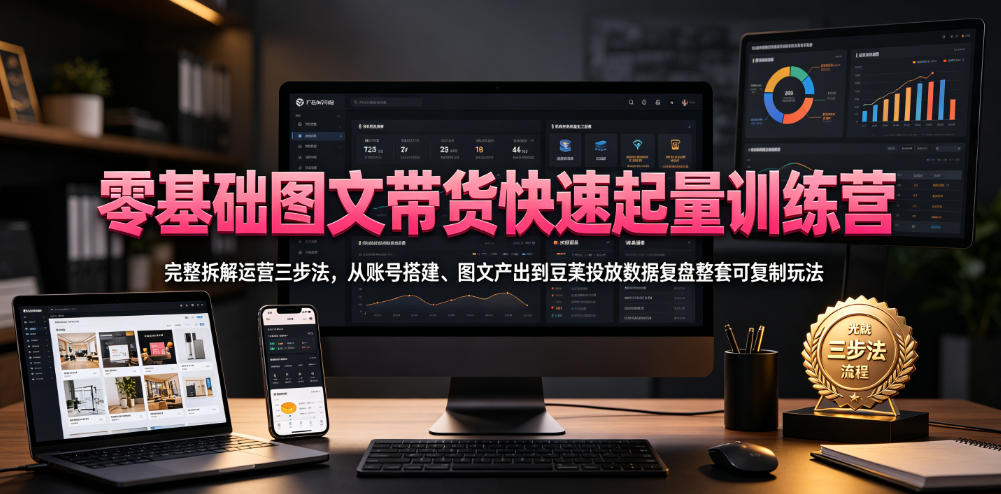 零基础图文带货快速起量训练营，完整拆解运营三步法，从账号搭建、图文产出到豆荚投放数据复盘整套可复制玩法-鑫梵淘