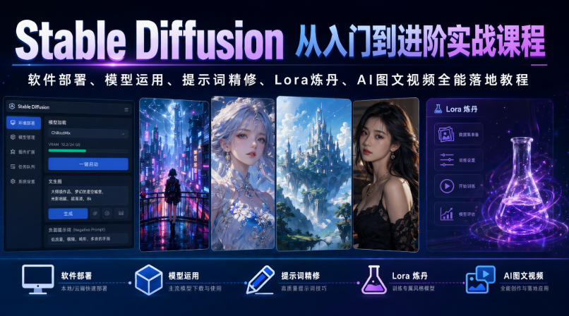Stable Diffusion从入门到进阶实战课程｜软件部署、模型运用、提示词精修、Lora炼丹、AI图文视频全能落地教程-鑫梵淘