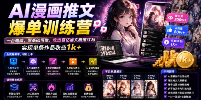 AI漫画推文爆单训练营，一台电脑，零基础可做，吃透百亿推文赛道红利，实现单条作品收益1k+-鑫梵淘