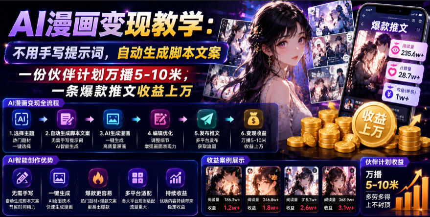 AI漫画变现教学：不用手写提示词，自动生成脚本文案，一份伙伴计划万播5-10米，一条爆款推文收益上W-鑫梵淘