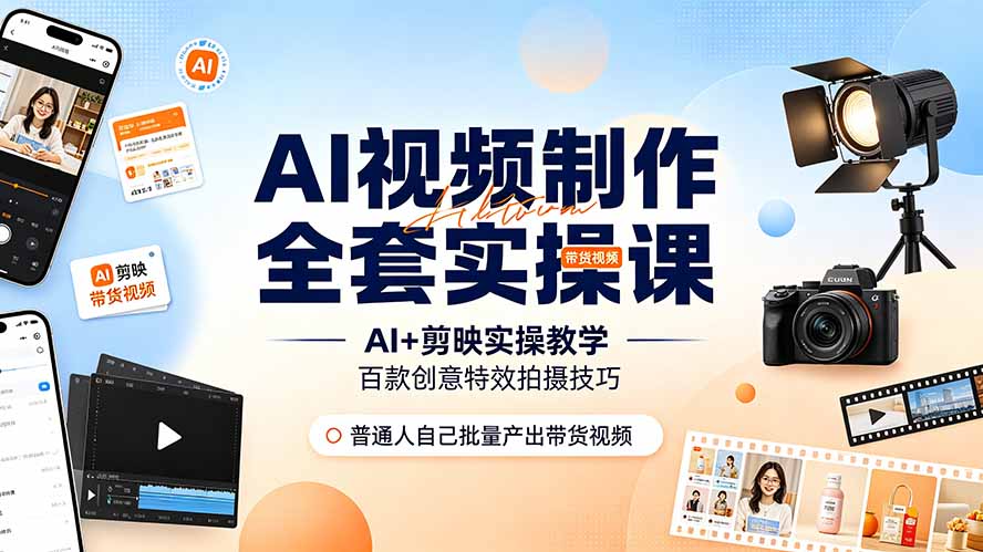 AI视频制作全套实操课，多款AI工具搭配剪映教学，百种特效运镜拍摄实操，抖音账号带货运营全覆盖-鑫梵淘