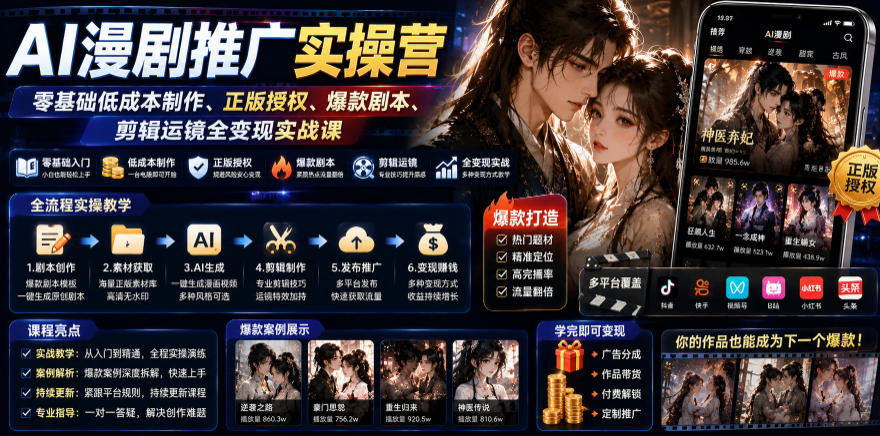 AI漫剧推广实操营｜零基础低成本制作、正版授权、爆款剧本、剪辑运镜全变现实战课-鑫梵淘