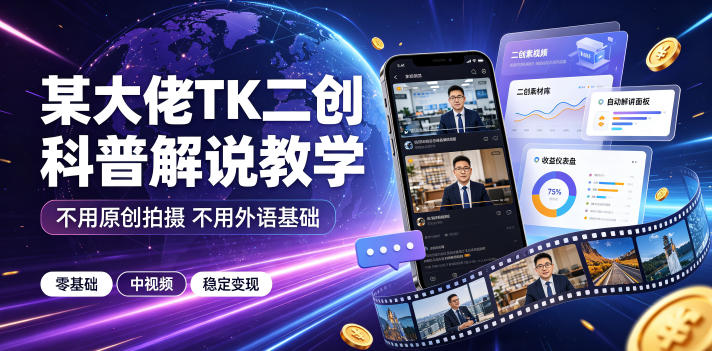 某大佬TK二创科普解说教学，不用原创拍摄不用外语基础，零基础做TikTok中视频稳定变现-鑫梵淘