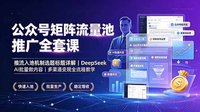 公众号矩阵流量池推广全套课，推流入池机制选题标题详解，DeepSeek AI批量做内容，多渠道变现全流程教学-鑫梵淘