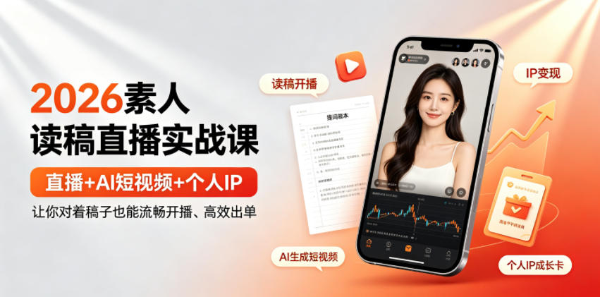 2026素人读稿直播实战课｜直播+AI短视频+个人IP，让你对着稿子也能流畅开播、高效出单-鑫梵淘