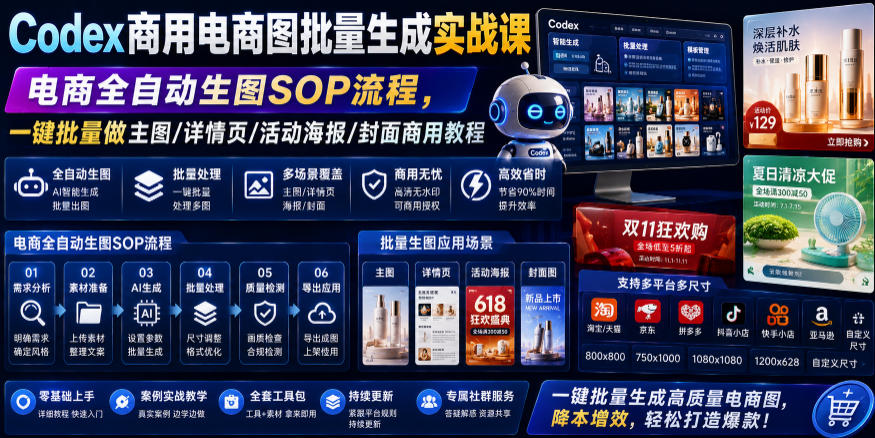 Codex商用电商图批量生成实战课｜电商全自动生图SOP流程，一键批量做主图/详情页/活动海报/封面商用教程-鑫梵淘