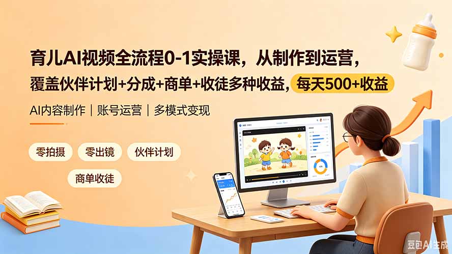 育儿AI视频全流程0-1实操课，从制作到运营，覆盖伙伴计划+分成+商单+收徒多种收益，每天500+收益-鑫梵淘