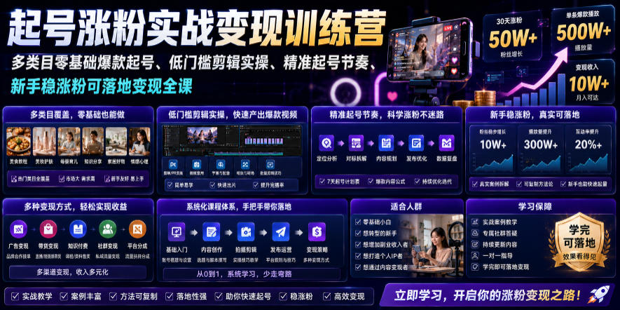 苗子起号涨粉实战变现训练营，多类目零基础爆款起号、精准起号节奏、新手稳涨粉可落地变现全课-鑫梵淘