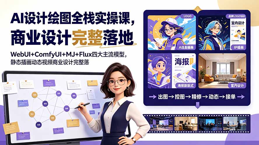 AI设计绘图全栈实操课，WebUI+ComfyUI+MJ+Flux四大主流模型，静态插画动态视频商业设计完整落地教程-鑫梵淘