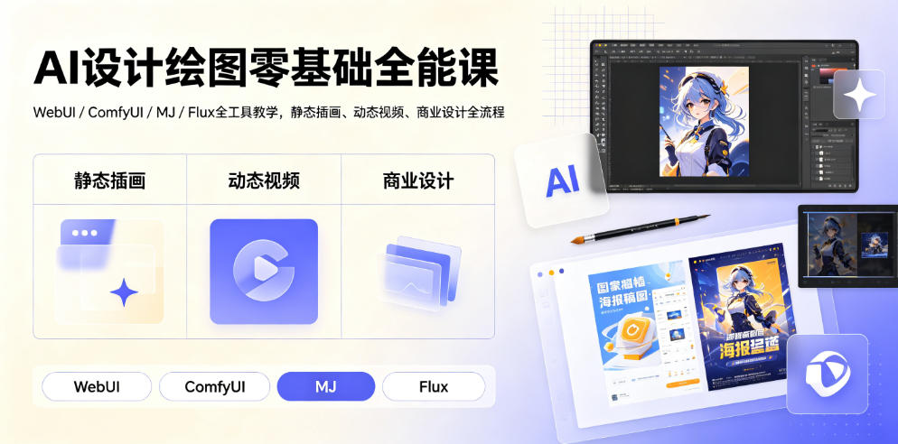 AI设计绘图零基础全能课｜WebUI/ComfyUI/MJ/Flux全工具教学，静态插画、动态视频、商业设计全流程-鑫梵淘