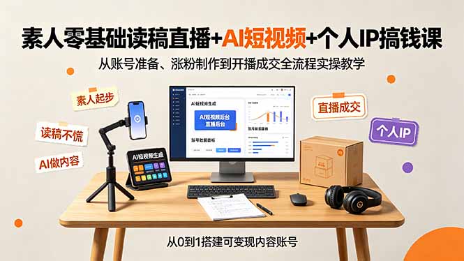 素人零基础读稿直播+AI短视频+个人IP搞钱课，从账号准备、涨粉制作到开播成交全流程实操教学-鑫梵淘