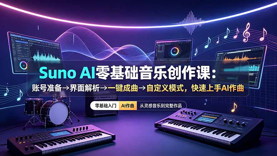 Suno AI零基础音乐创作课：账号准备→界面解析→一键成曲→自定义模式，快速上手AI作曲-鑫梵淘