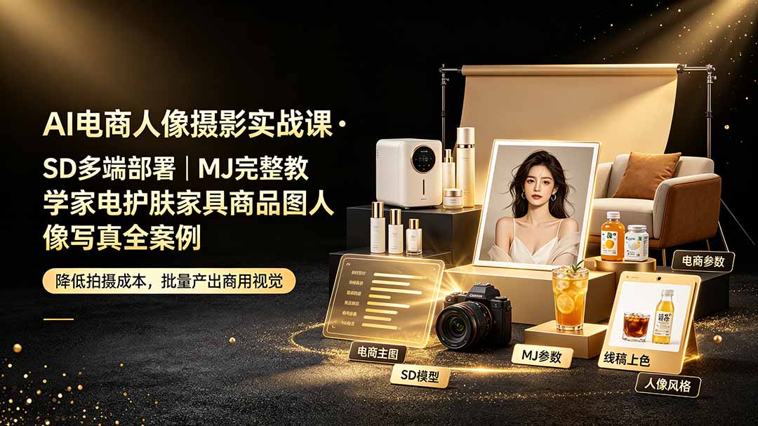 AI电商人像摄影实战课·SD多端部署｜MJ完整教学｜家电护肤家具商品图人像写真全案例-鑫梵淘