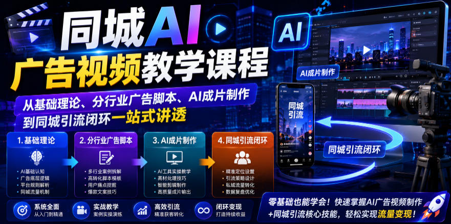 同城AI广告视频教学课程，从基础理论、分行业广告脚本、AI成片制作到同城引流闭环一站式讲透-鑫梵淘
